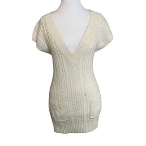 Cream Cable Knit Sweater Dress V Neck Sleeveless‎ Pockets Casual Mini